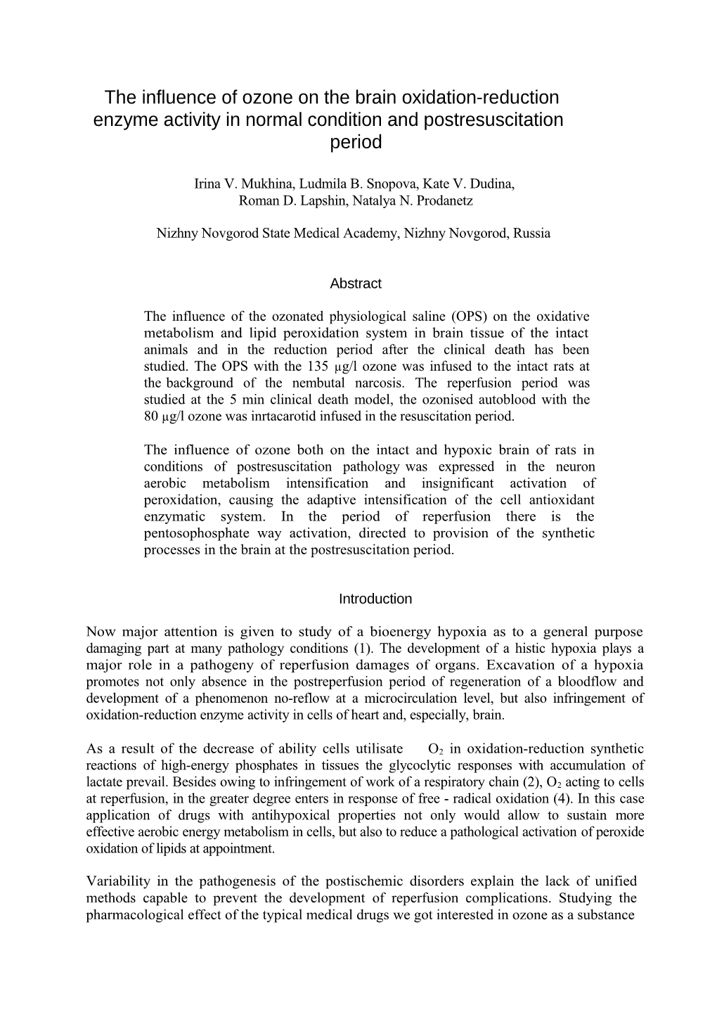 The Influence of Ozone on the Brain Oxidation-Reduction Enzyme Activity in Normal Condition