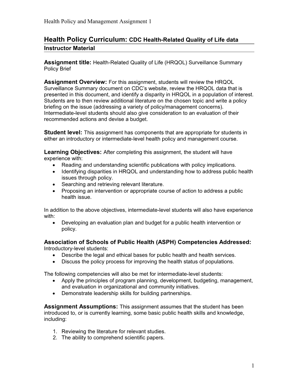 Health Policy Curriculum: CDC Health-Related Quality of Life Data - Professor Lesson Plan