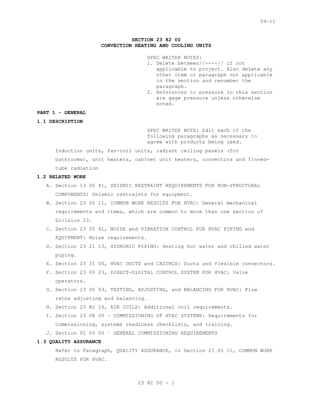 Section 23 82 00 - CONVECTION HEATING and COOLING UNITS