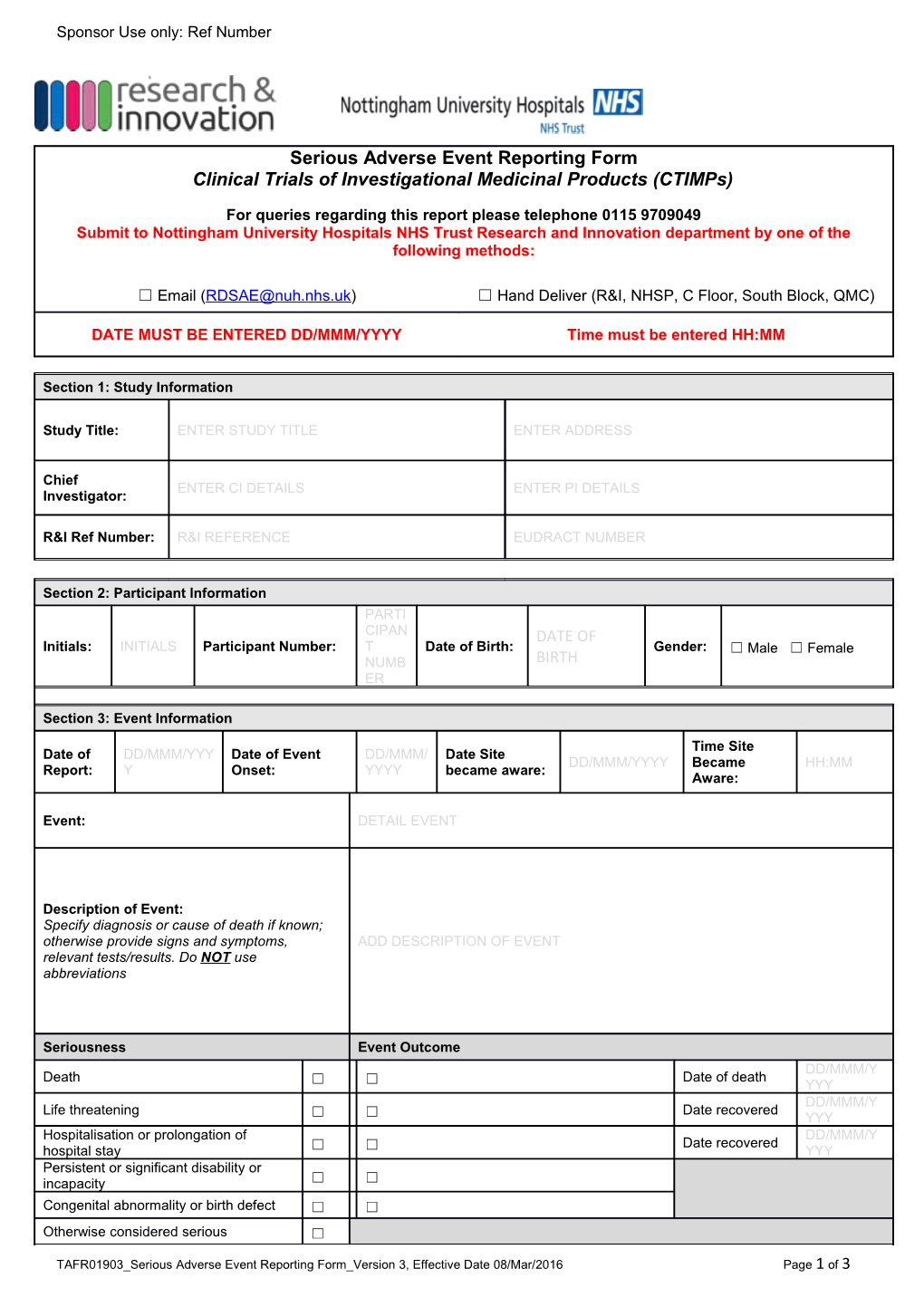 TAFR01903 Serious Adverse Event Reporting Form Version 3, Effective Date 08/Mar/2016Page 1 of 3