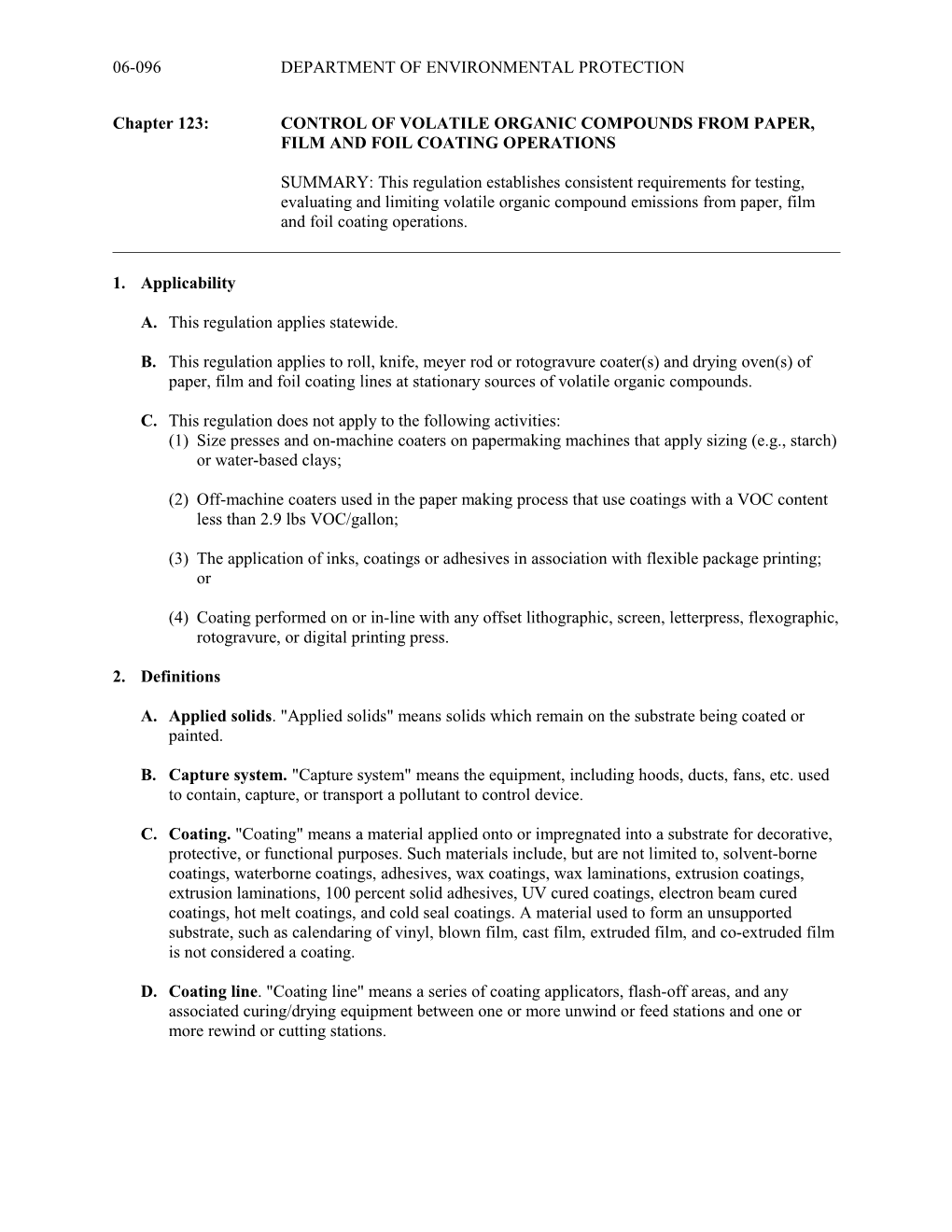 Chapter 123:CONTROL of VOLATILE ORGANIC COMPOUNDS from PAPER, FILM and FOIL COATING OPERATIONS