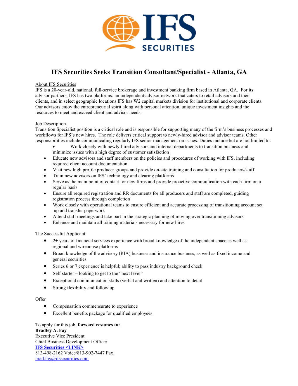 IFS Securities Seeks Transition Consultant/Specialist - Atlanta, GA
