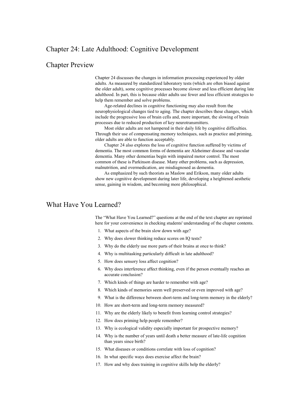 Chapter 24: Late Adulthood: Cognitive Development