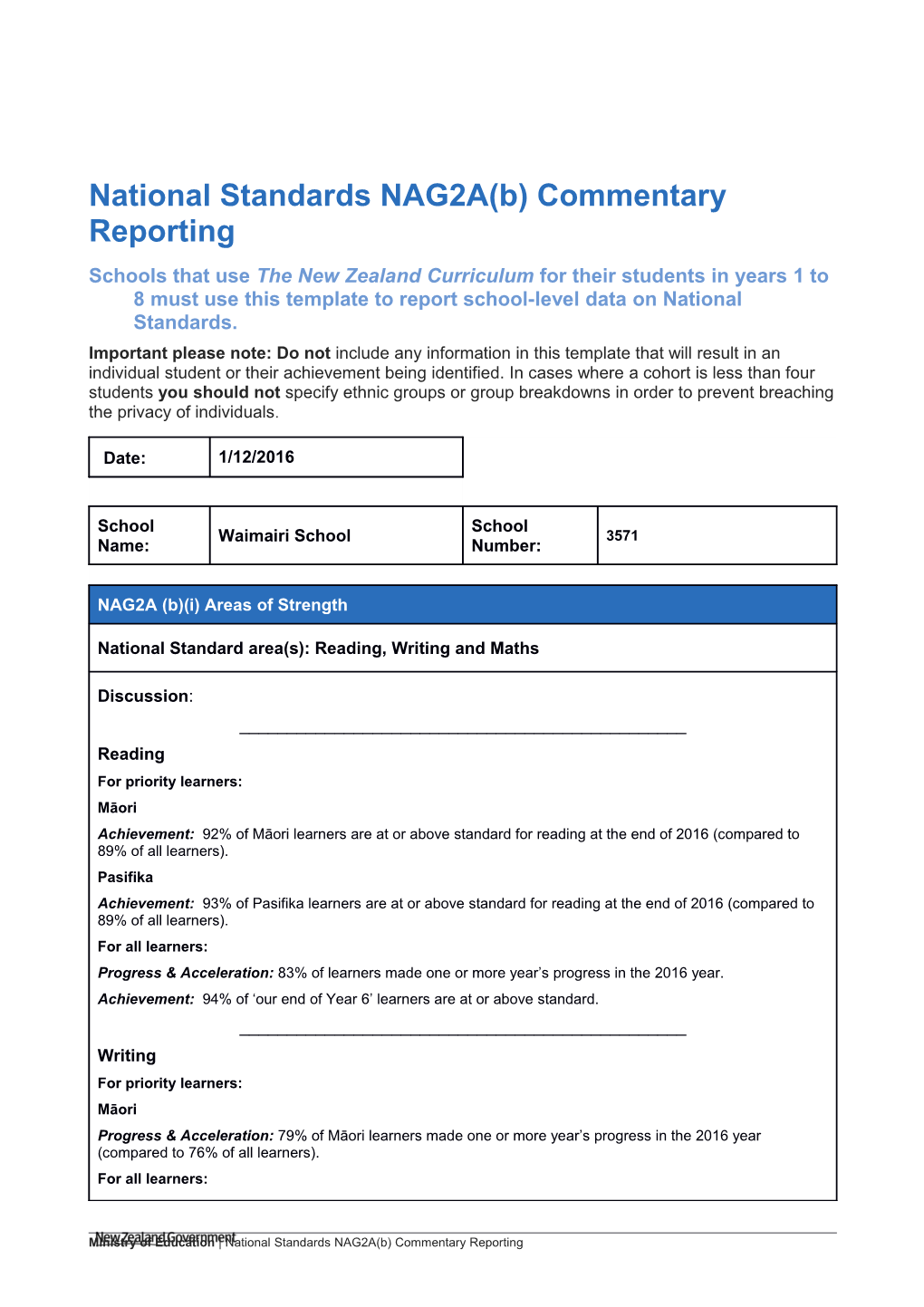 National Standards NAG2A(B) Reporting