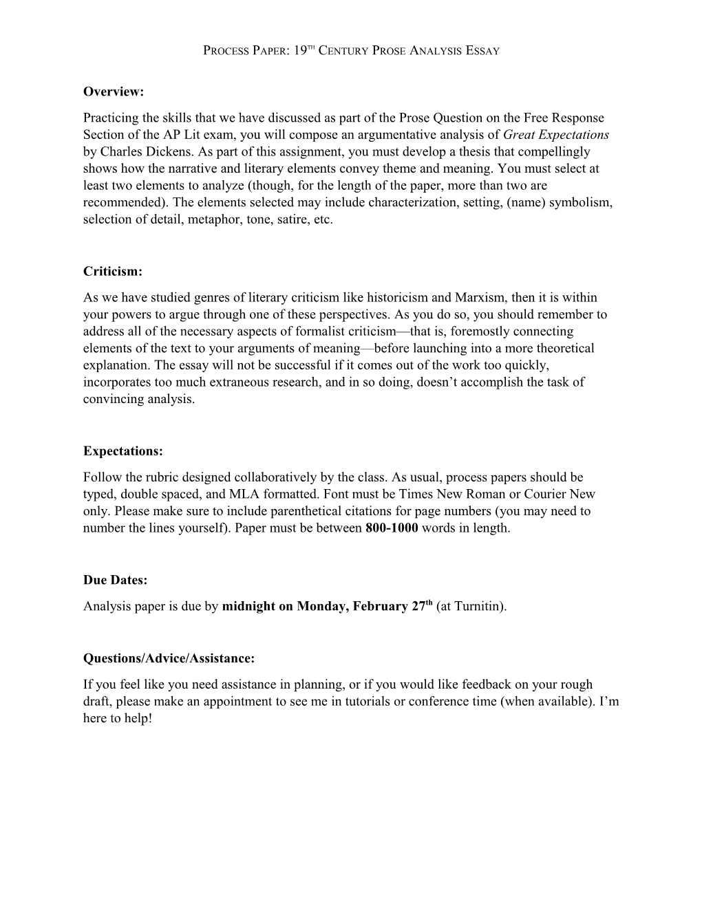 Process Paper: 19Th Century Prose Analysis Essay