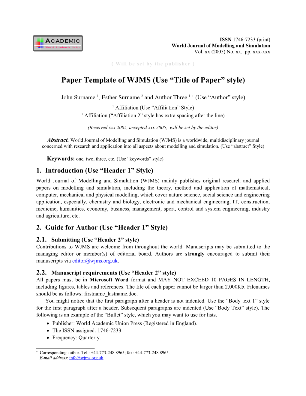 Paper Template of WJMS (Use Title of Paper Style)