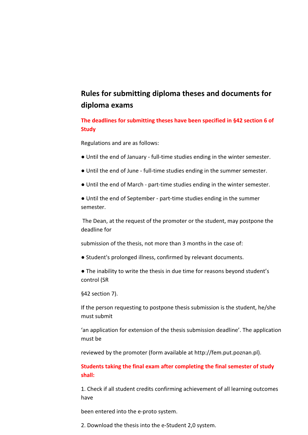 Rules for Submitting Diploma Theses and Documents for Diploma Exams
