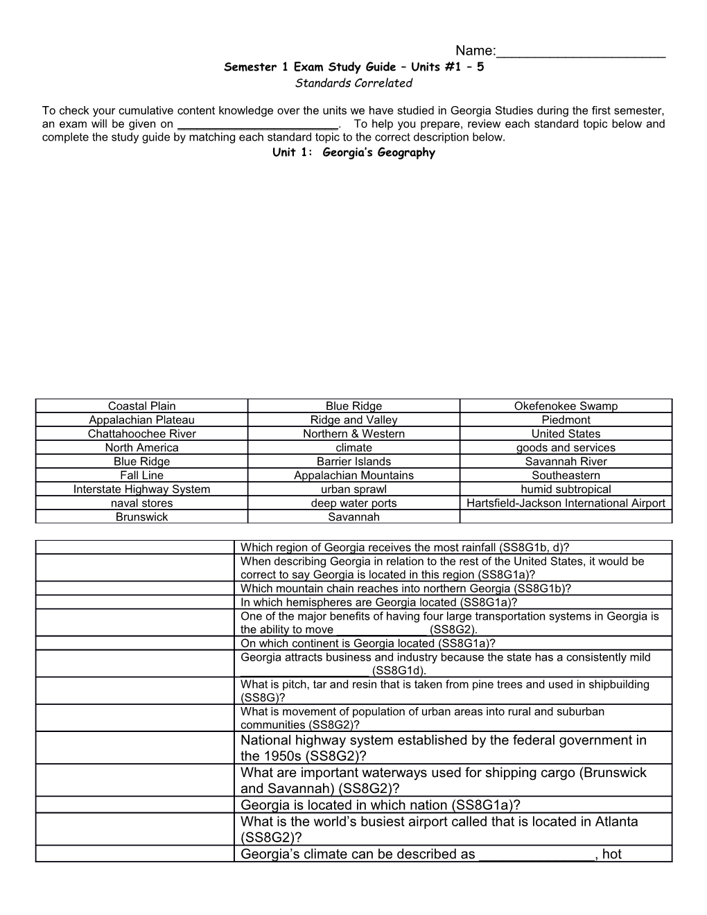 Semester 1 Exam Study Guide Units #1 5