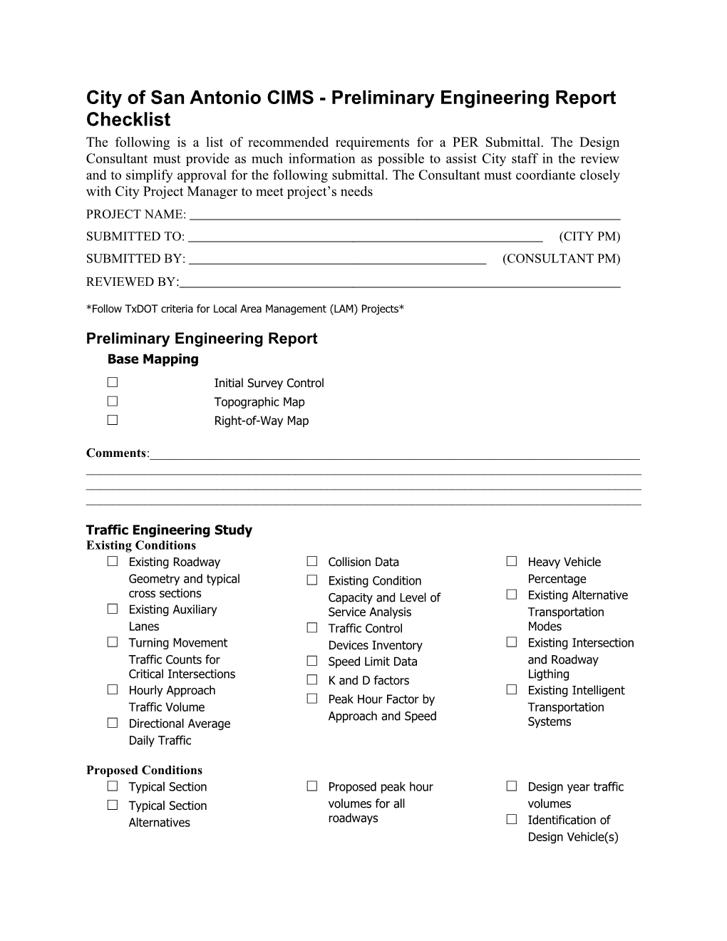 City of San Antonio CIMS - Preliminary Engineering Report Checklist