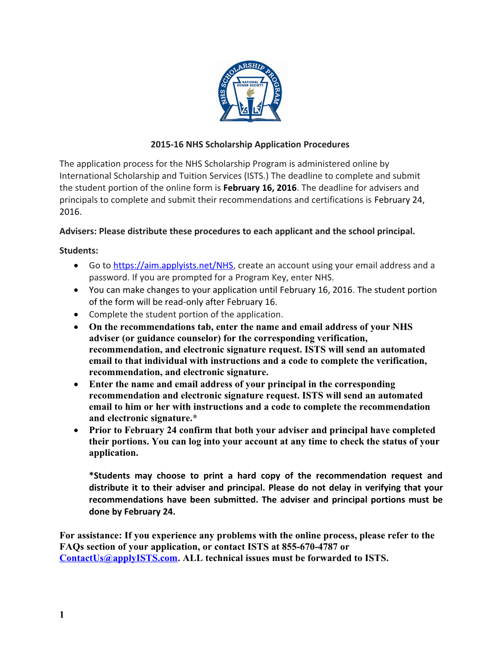 2015-16NHS Scholarship Application Procedures