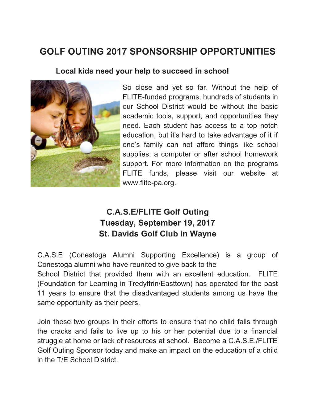 Golf Outing 2017 Sponsorship Opportunities