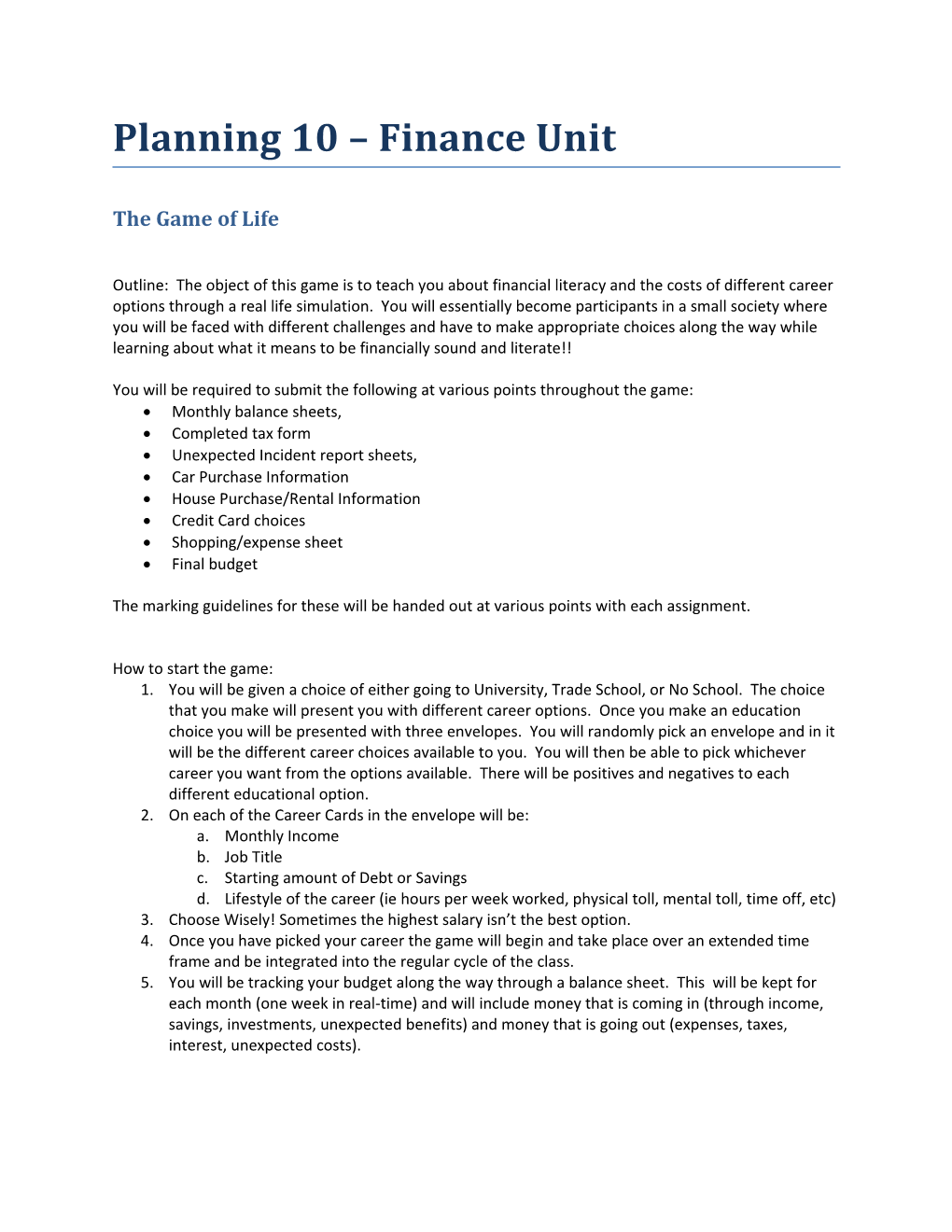 Planning 10 Finance Unit