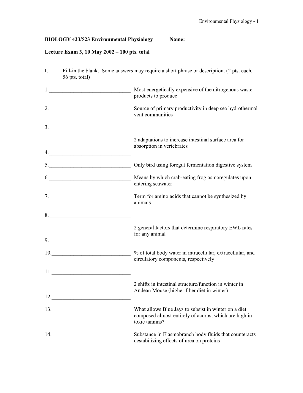 BIOLOGY 423/523 Environmental Physiology of Animals