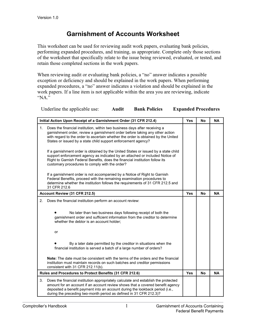 Garnishment of Accounts Containing Federal Benefit Payments, Comptroller's Handbook