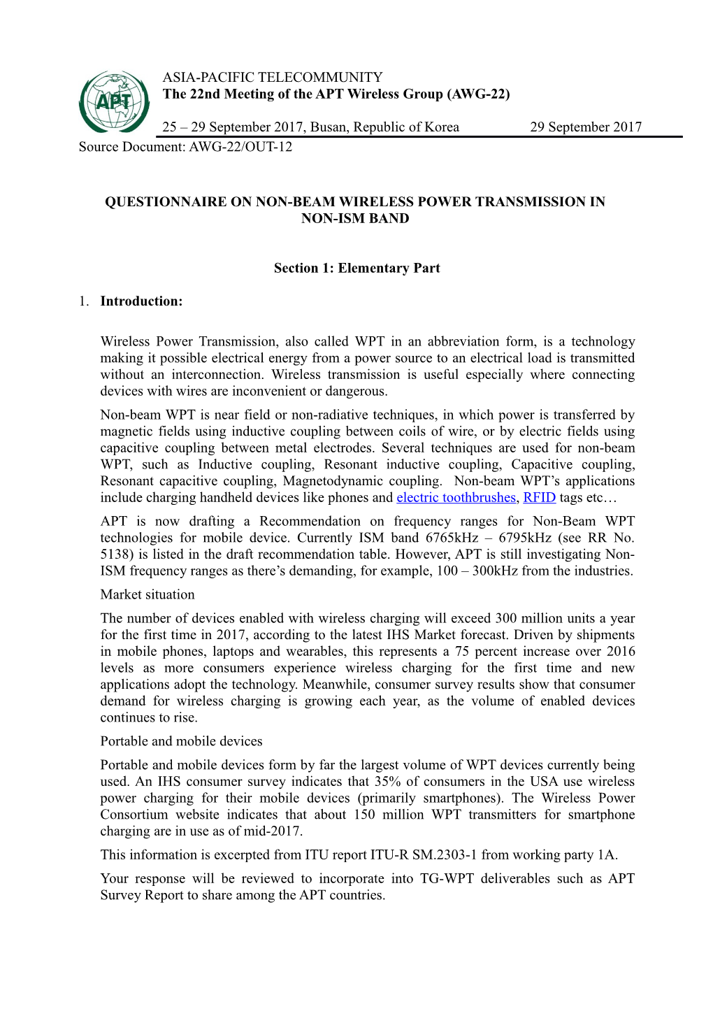 Questionnaire on Non-Beam Wireless Power Transmission In