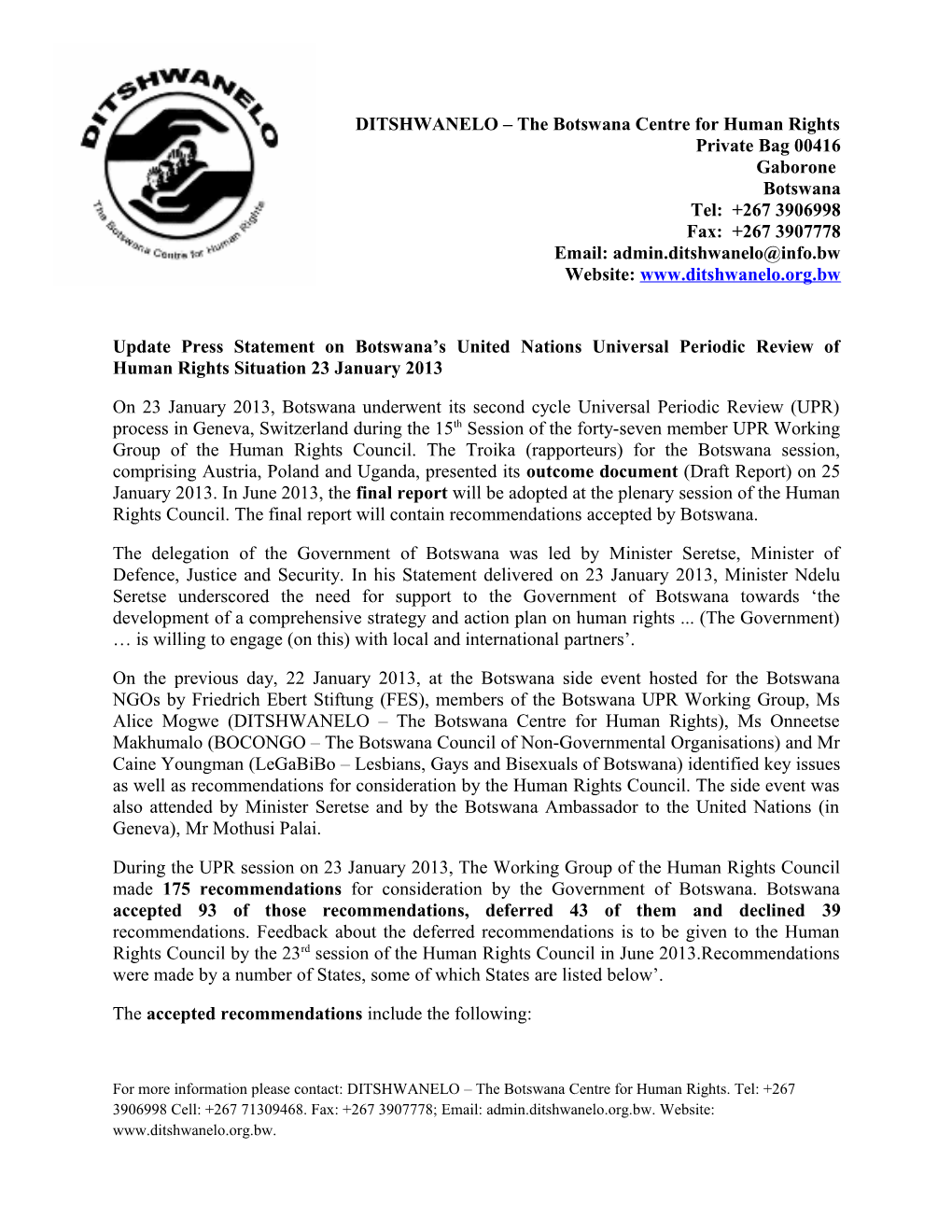 Update Press Statement on Botswana S United Nations Universal Periodic Review of Human