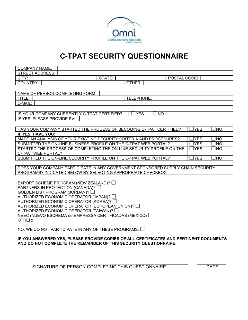 C-Tpat Security Questionnaire