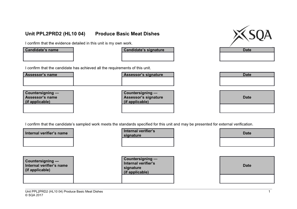 Unit PPL2PRD2 (HL10 04)Produce Basic Meat Dishes