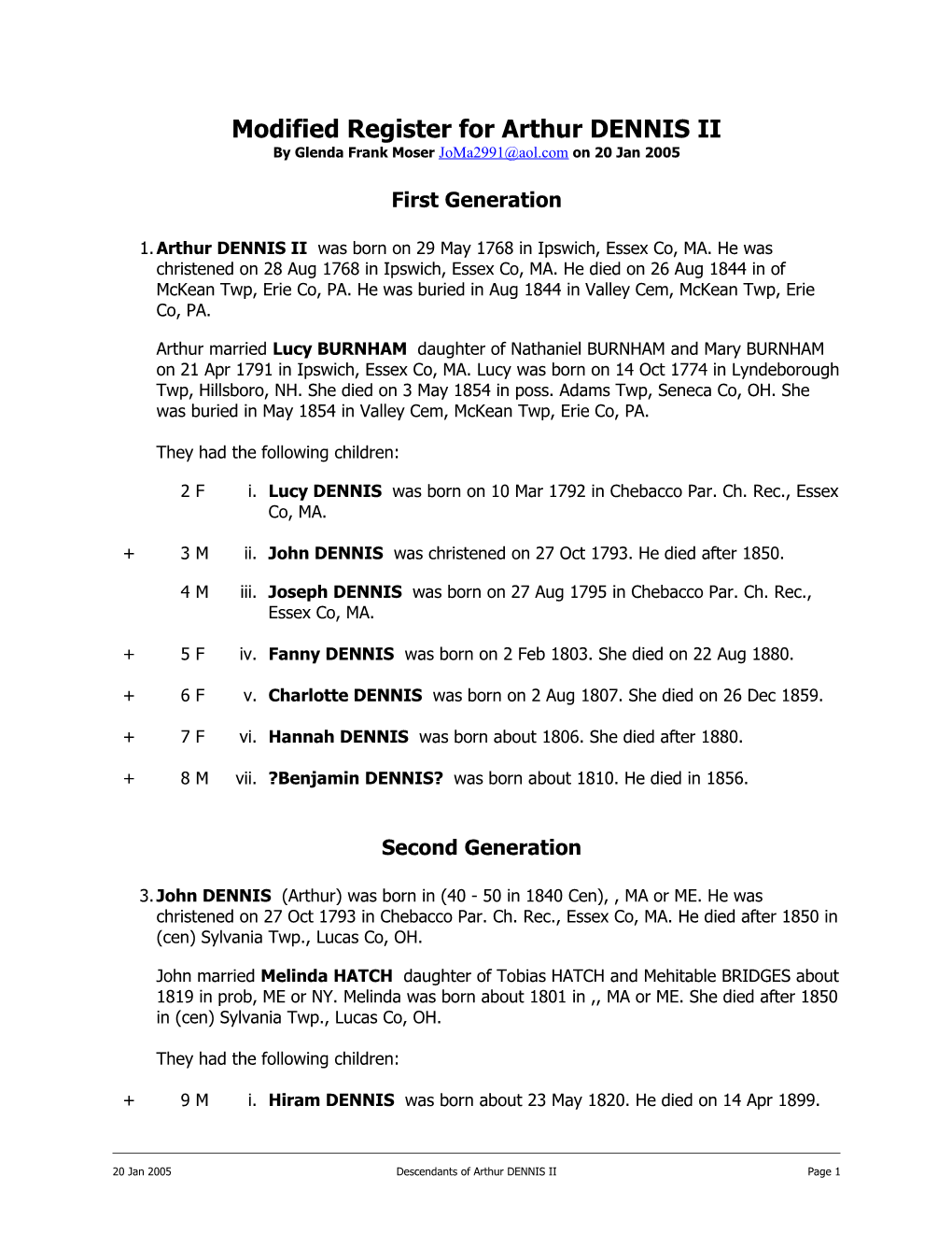 Modified Register for Arthur DENNIS II