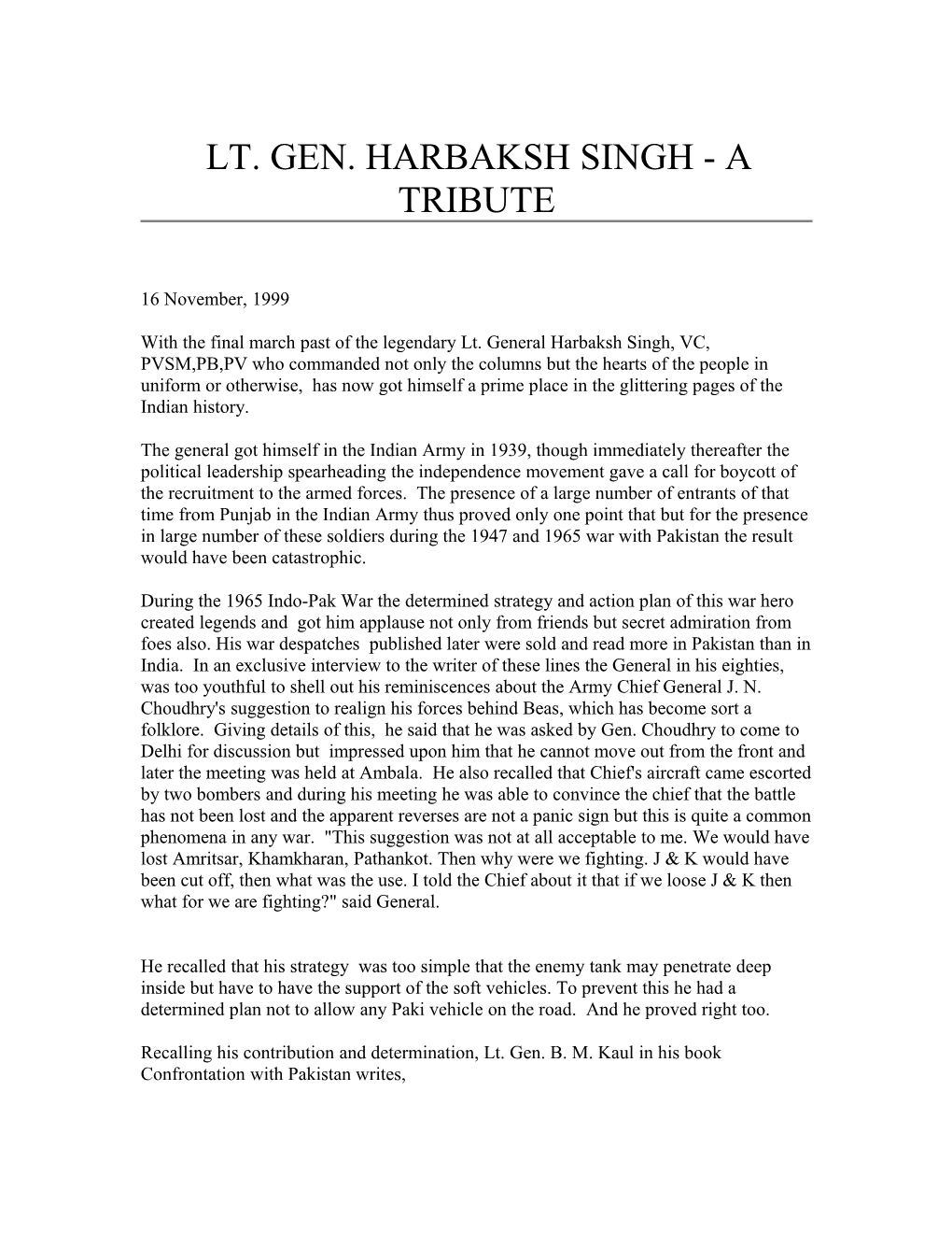 Lt. Gen. Harbaksh Singh - a Tribute