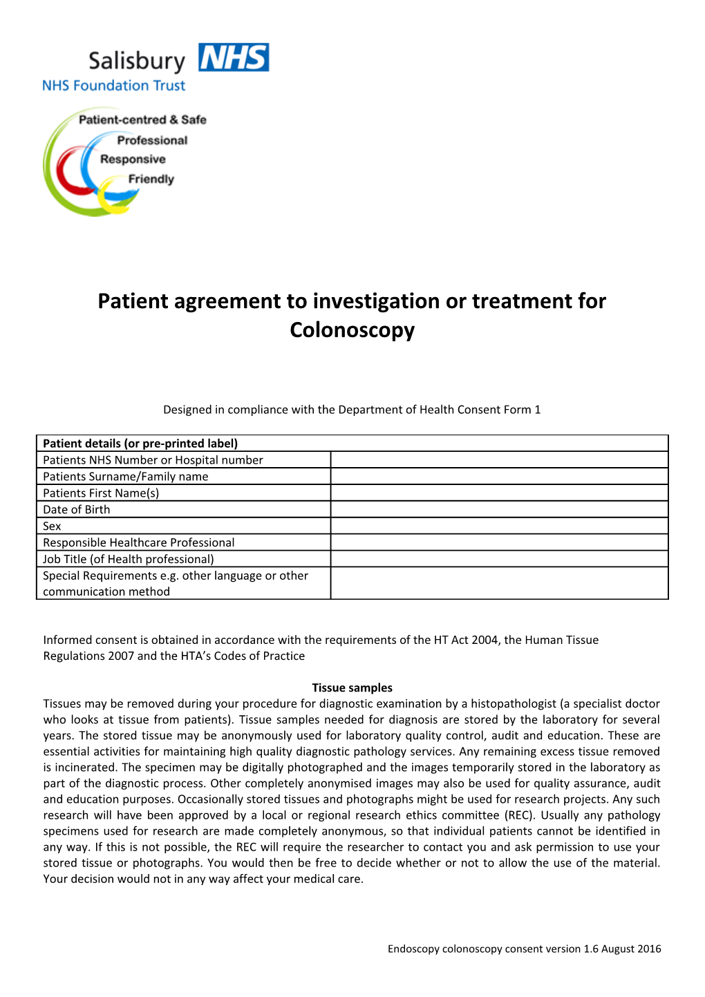 Patient Agreement to Investigation Or Treatment for Colonoscopy