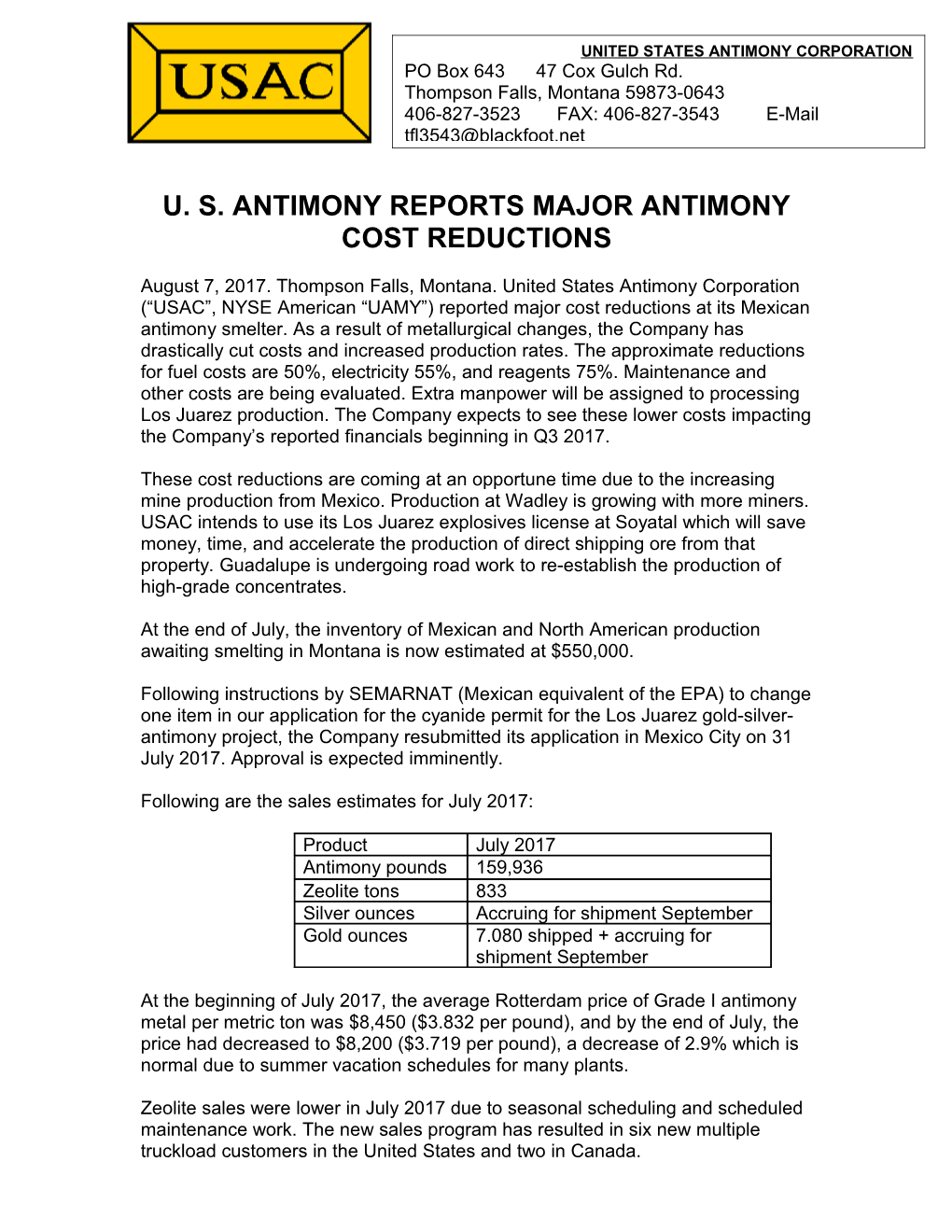 U. S. Antimony Reports Major Antimony Cost Reductions