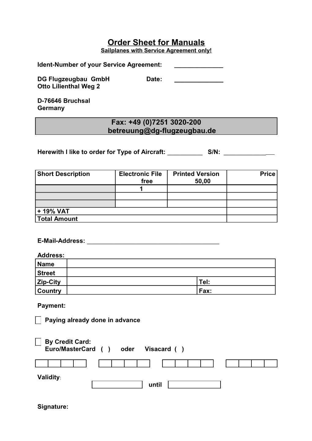 Bestell-Formular / Order Sheet