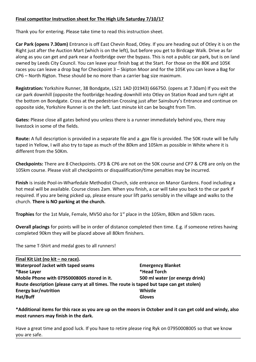 Final Competitor Instruction Sheet for the High Life Saturday 7/10/17