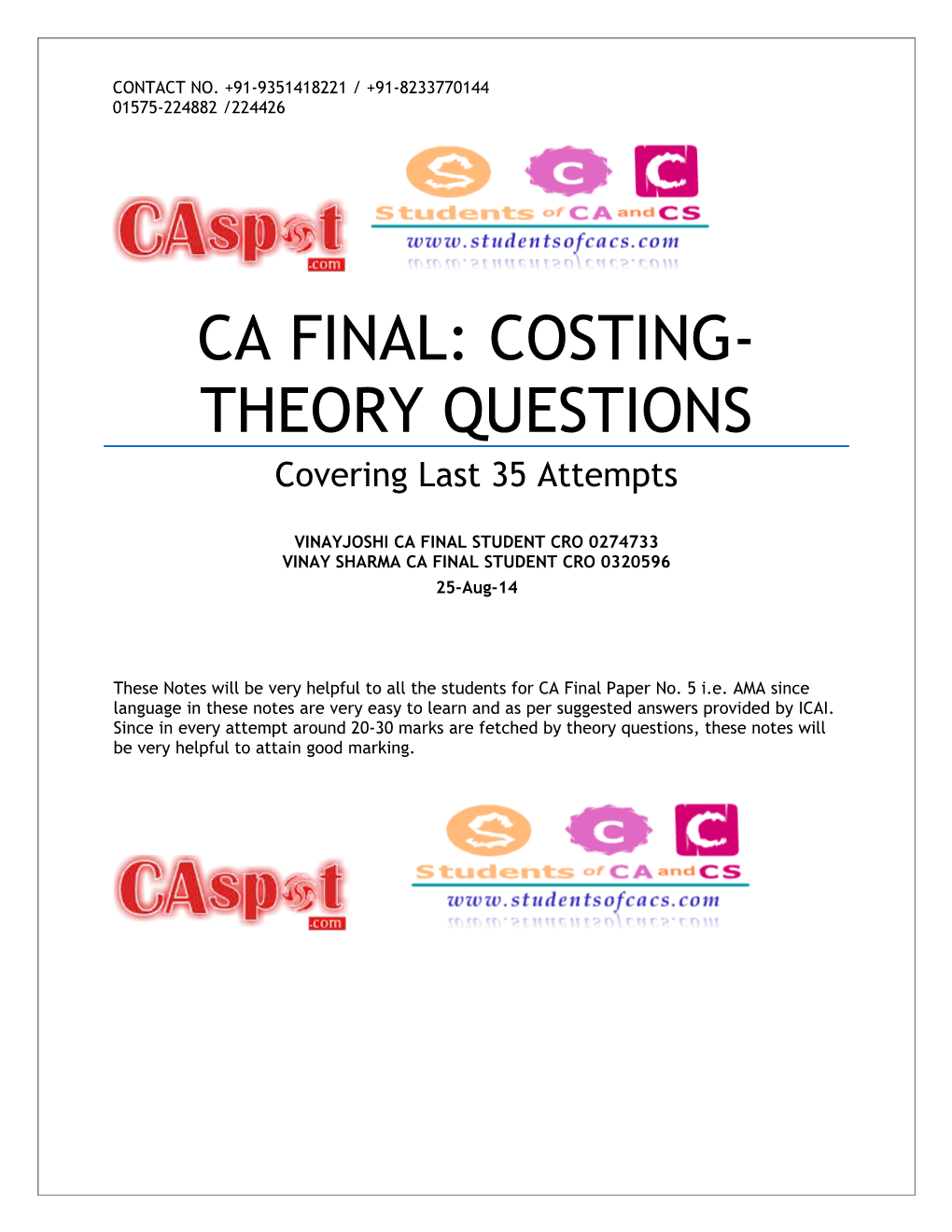 Ca Final: Costing-Theory Questions