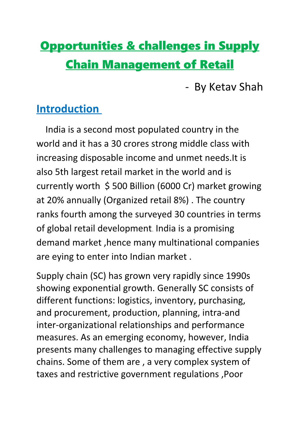 Opportunities & Challenges in Supply Chain Management of Retail