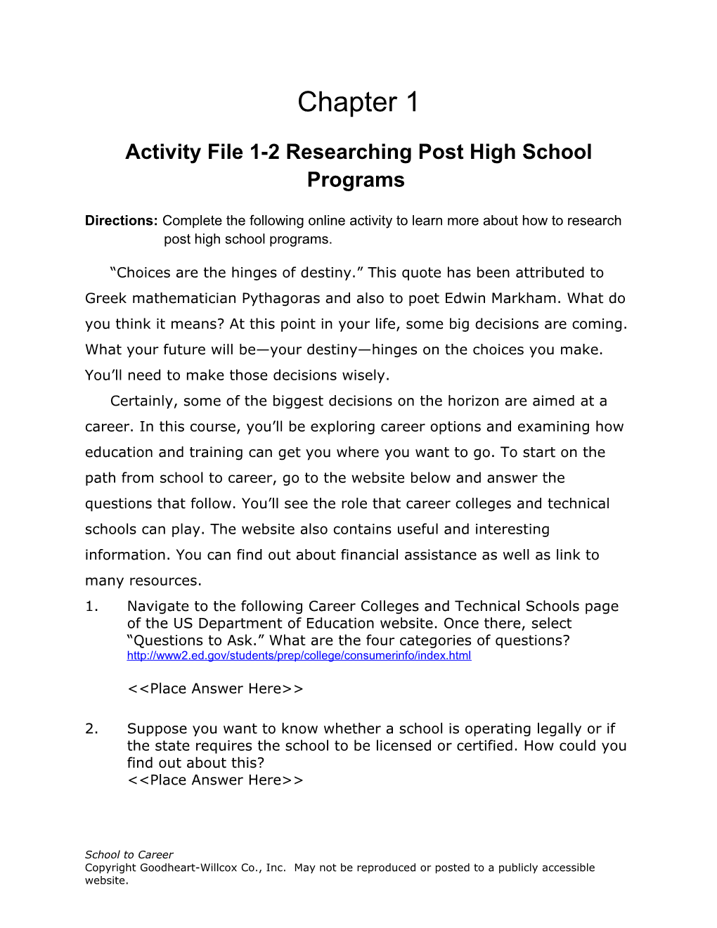 Activity File 1-2 Researching Post High School Programs