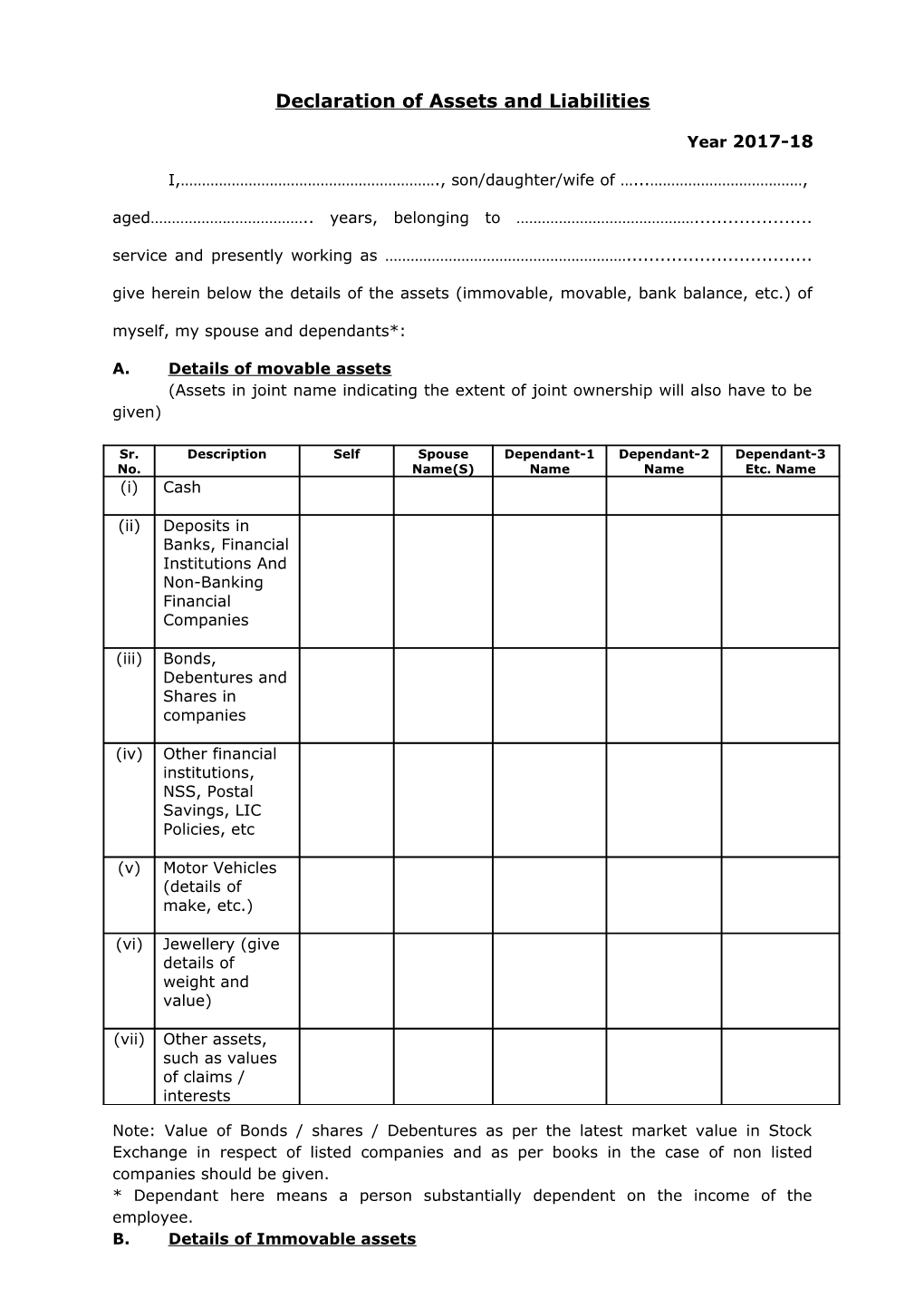 Declaration of Assets and Liabilities