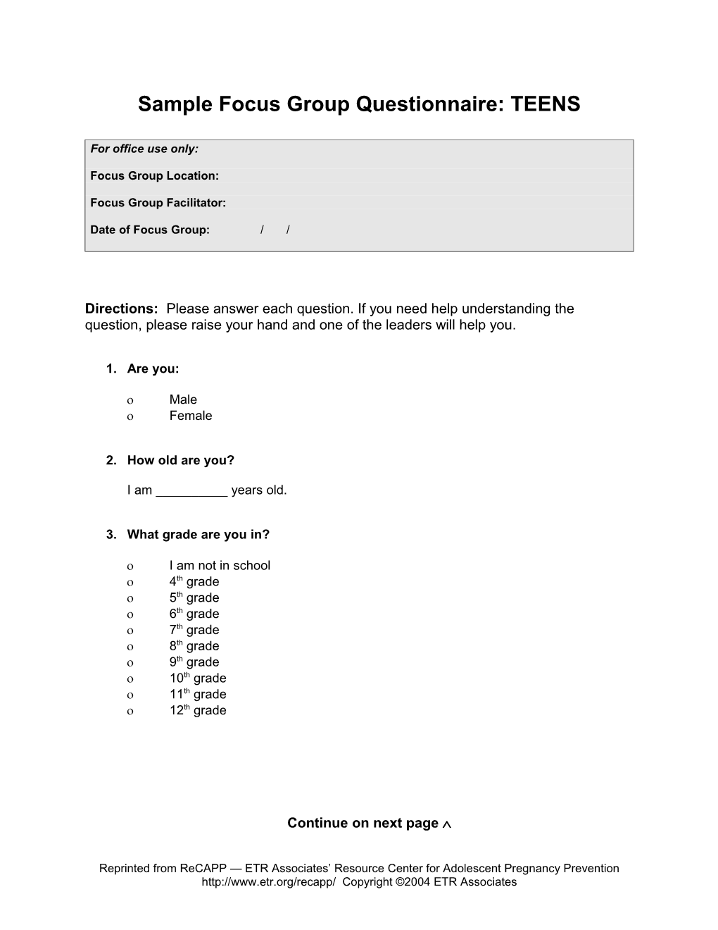 Sample Focus Group Questionnaire: TEENS