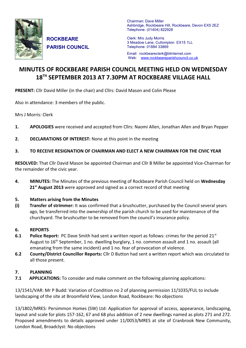 Minutes of Rockbeare Parish Council Meeting Held on Wednesday 18Th September 2013 at 7.30Pm