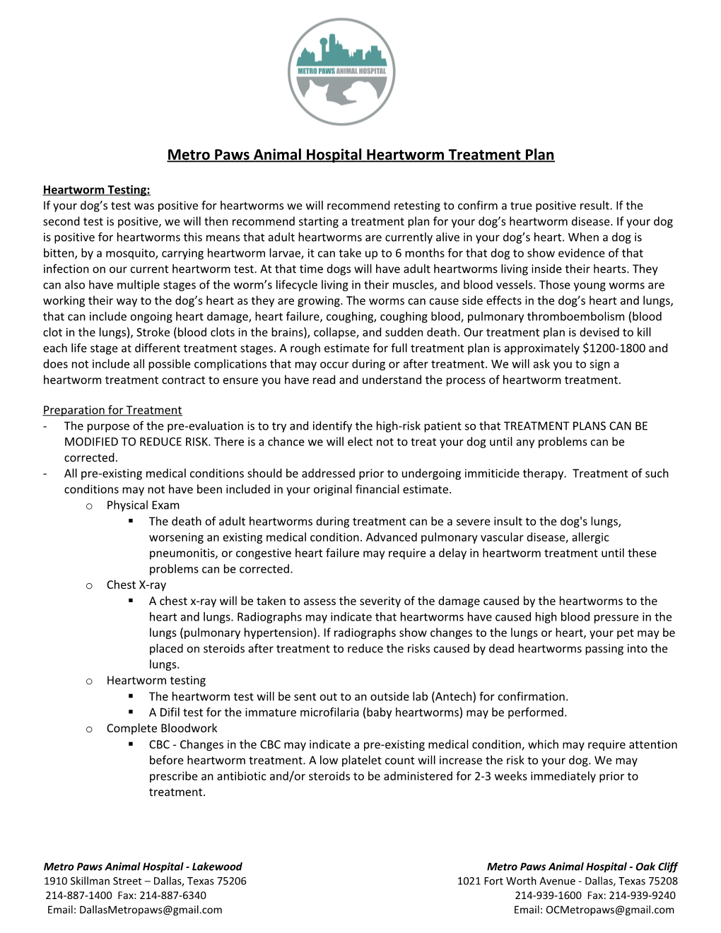Metro Paws Animal Hospital Heartworm Treatment Plan