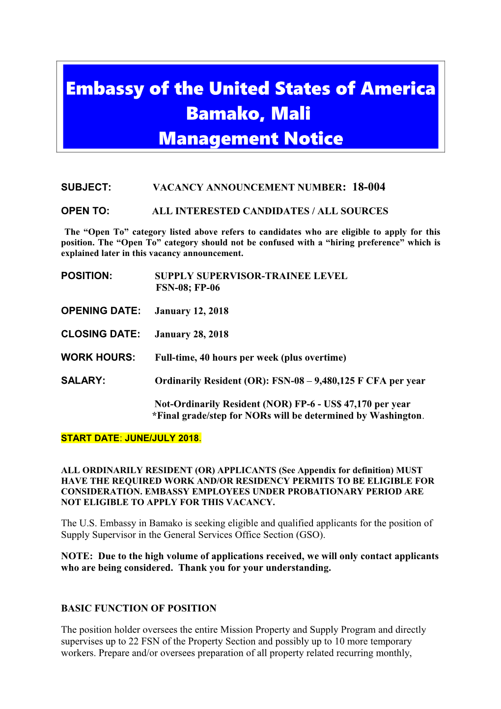 Subject: Vacancy Announcement Number: 18-004