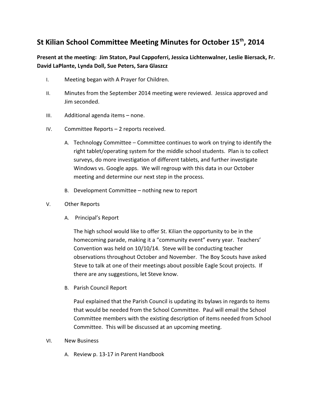 St Kilian School Committee Meeting Minutes for October 15Th, 2014