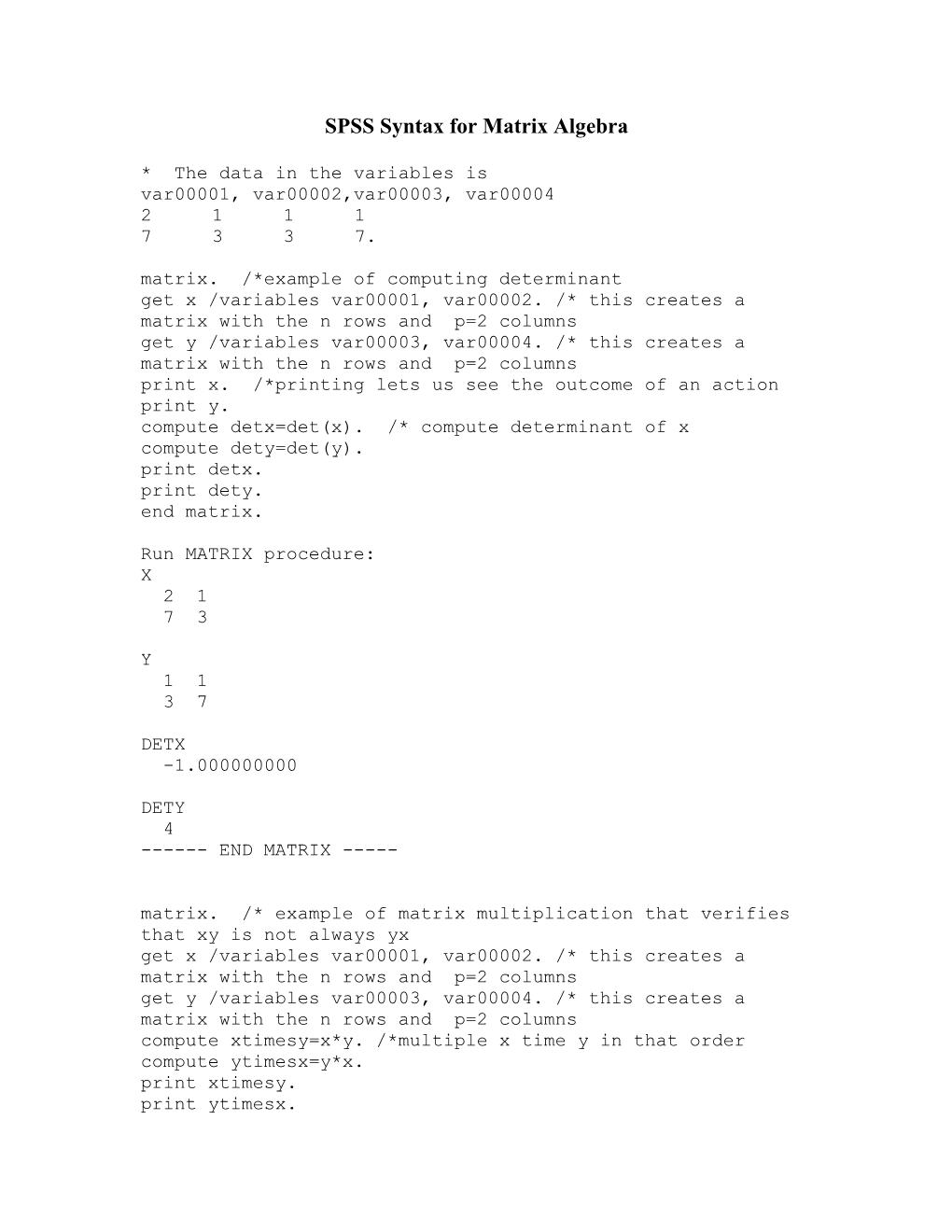 SPSS Syntax for Matrix Algebra