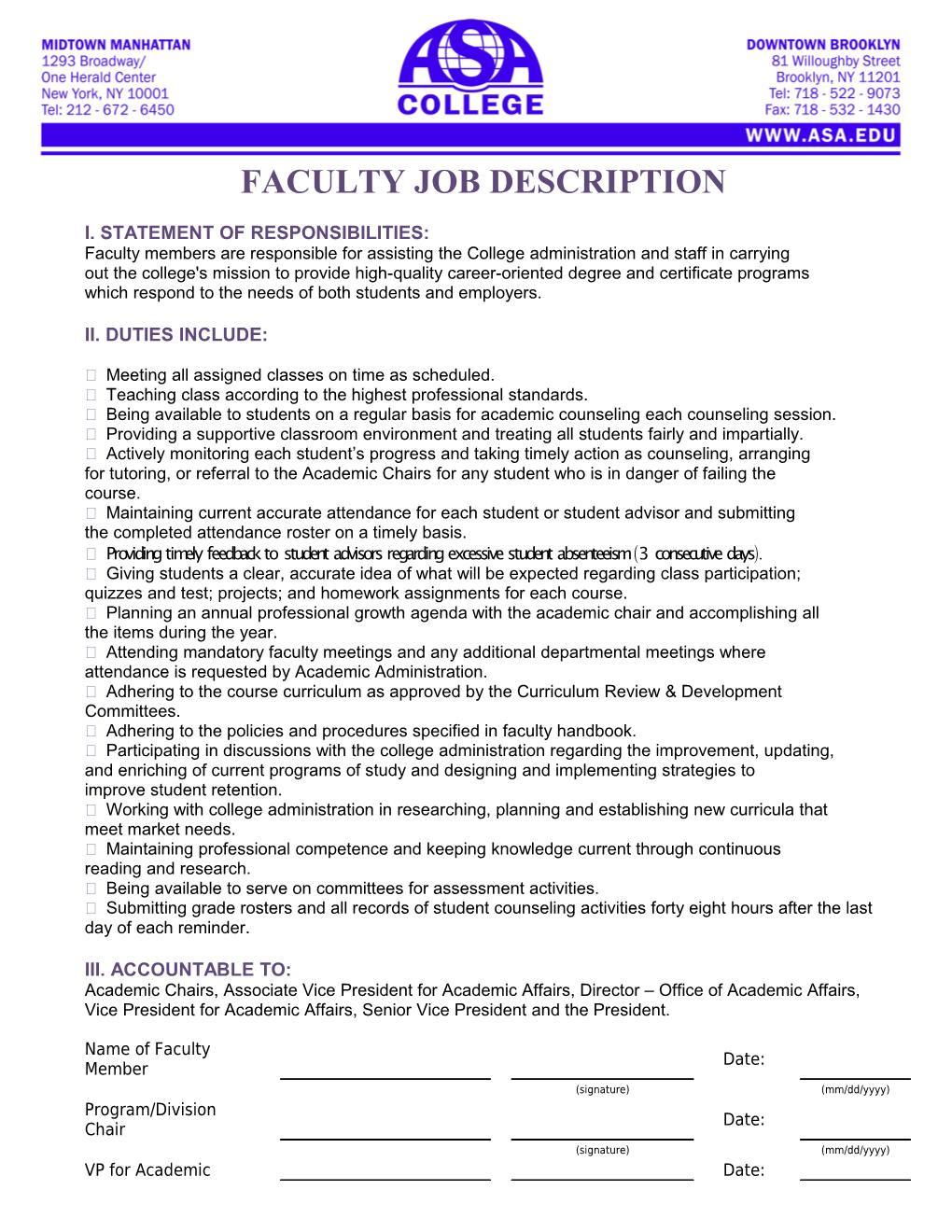 Faculty Job Description