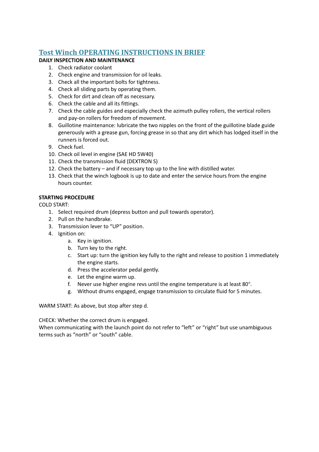 Tost Winch OPERATING INSTRUCTIONS in BRIEF