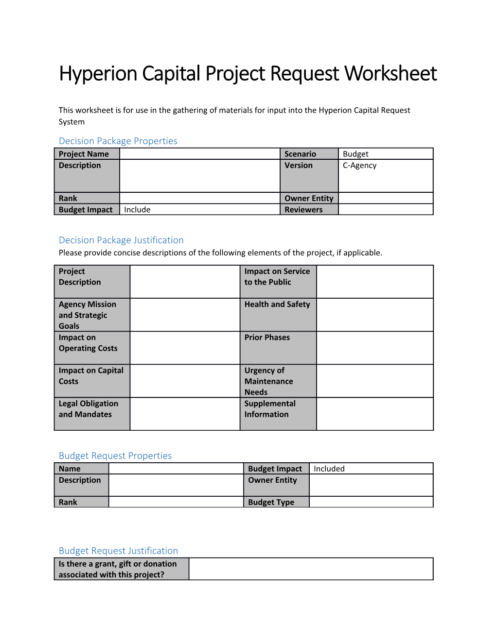 Hyperion Capital Project Request Worksheet