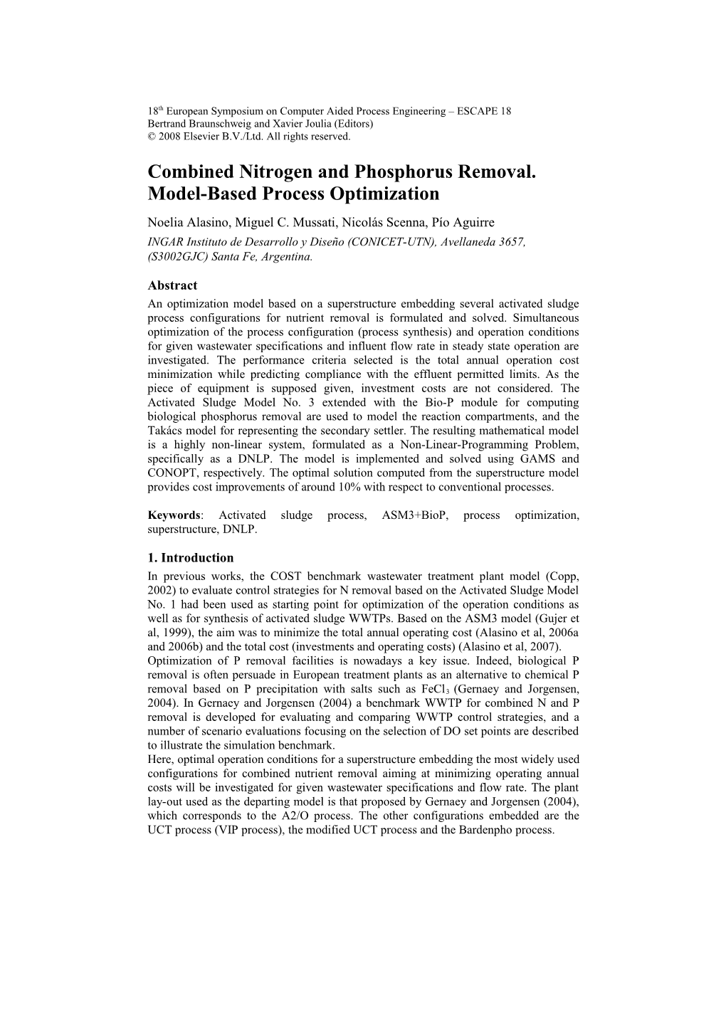 Combined Nitrogen and Phosphorus Removal. Model-Based Process Optimization