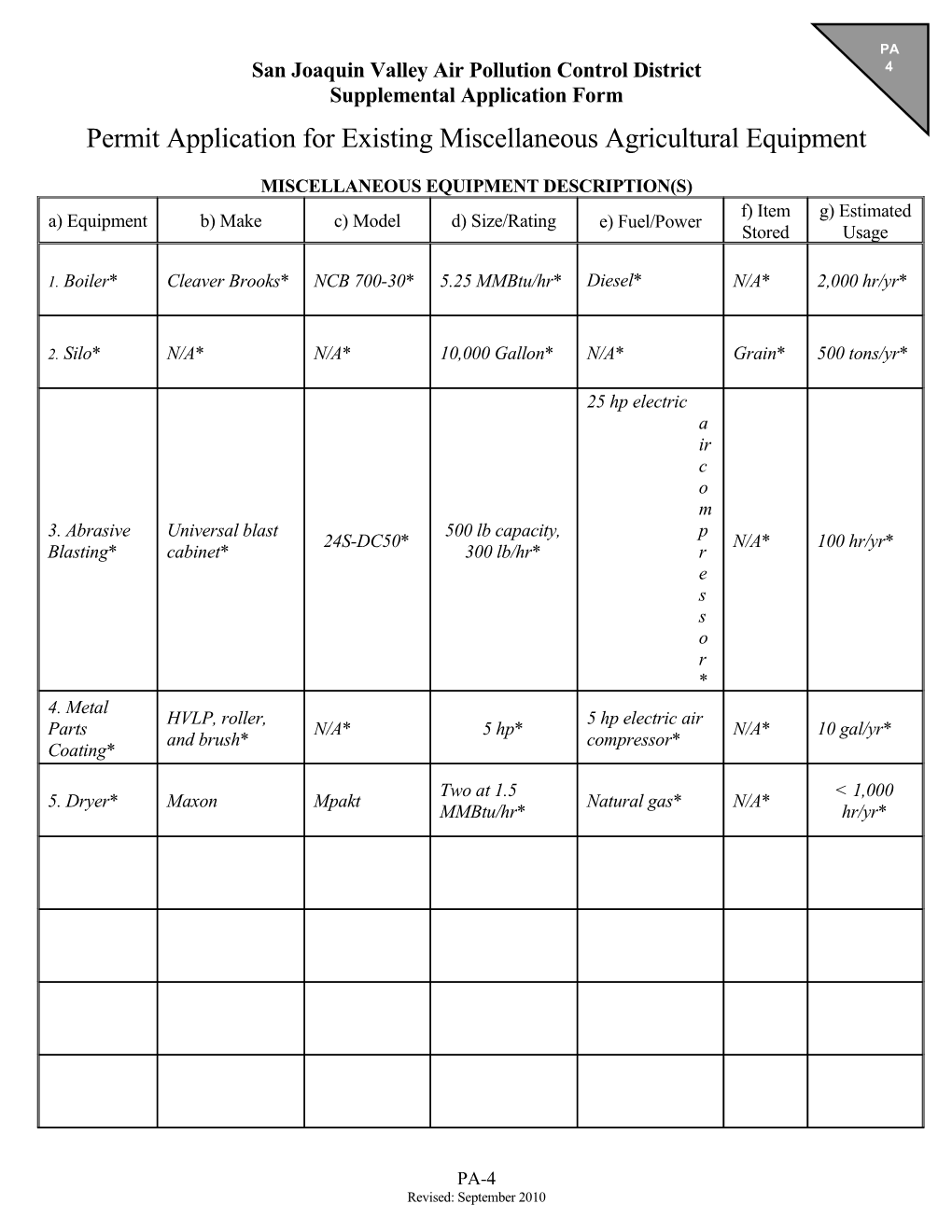 Ag Miscellaneous Equipment Application Form