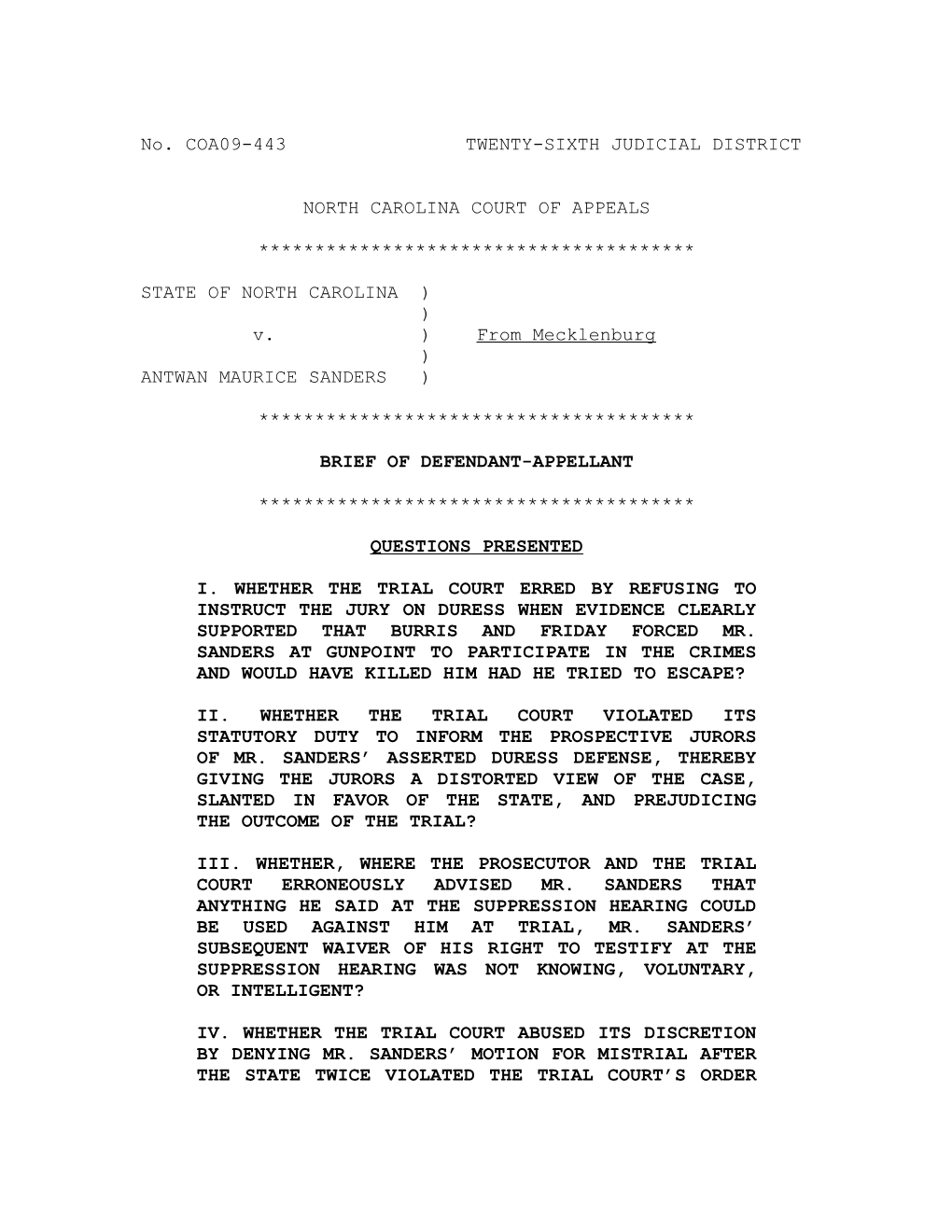 No. COA09-443 TWENTY-SIXTH JUDICIAL DISTRICT