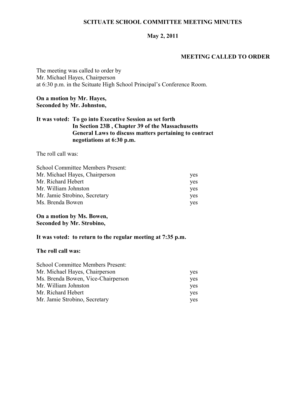 Scituate School Committee Meeting Minutes