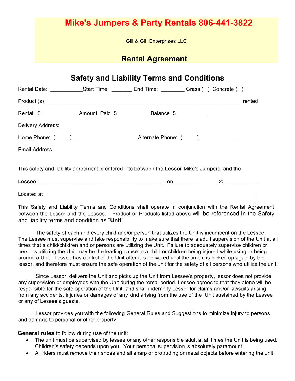 Safety and Liability Terms and Conditions