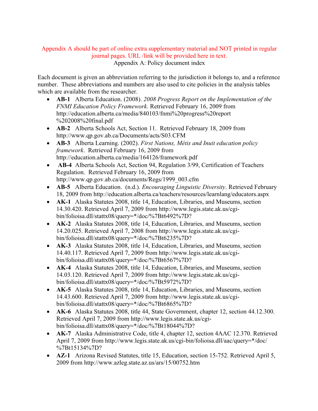 Appendix A: Policy Document Index