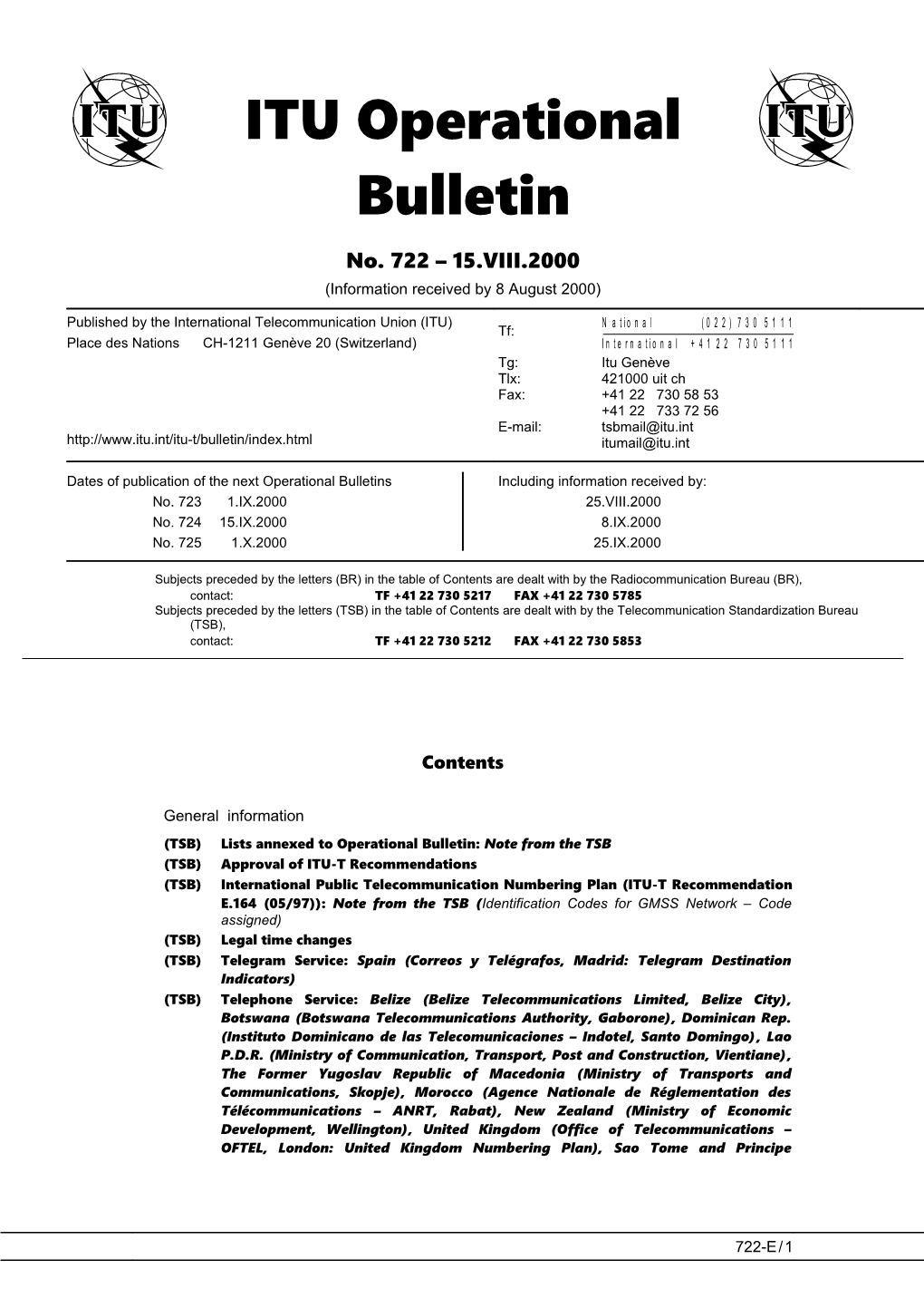 ITU Operational Bulletin No. 722 15.VIII.2000