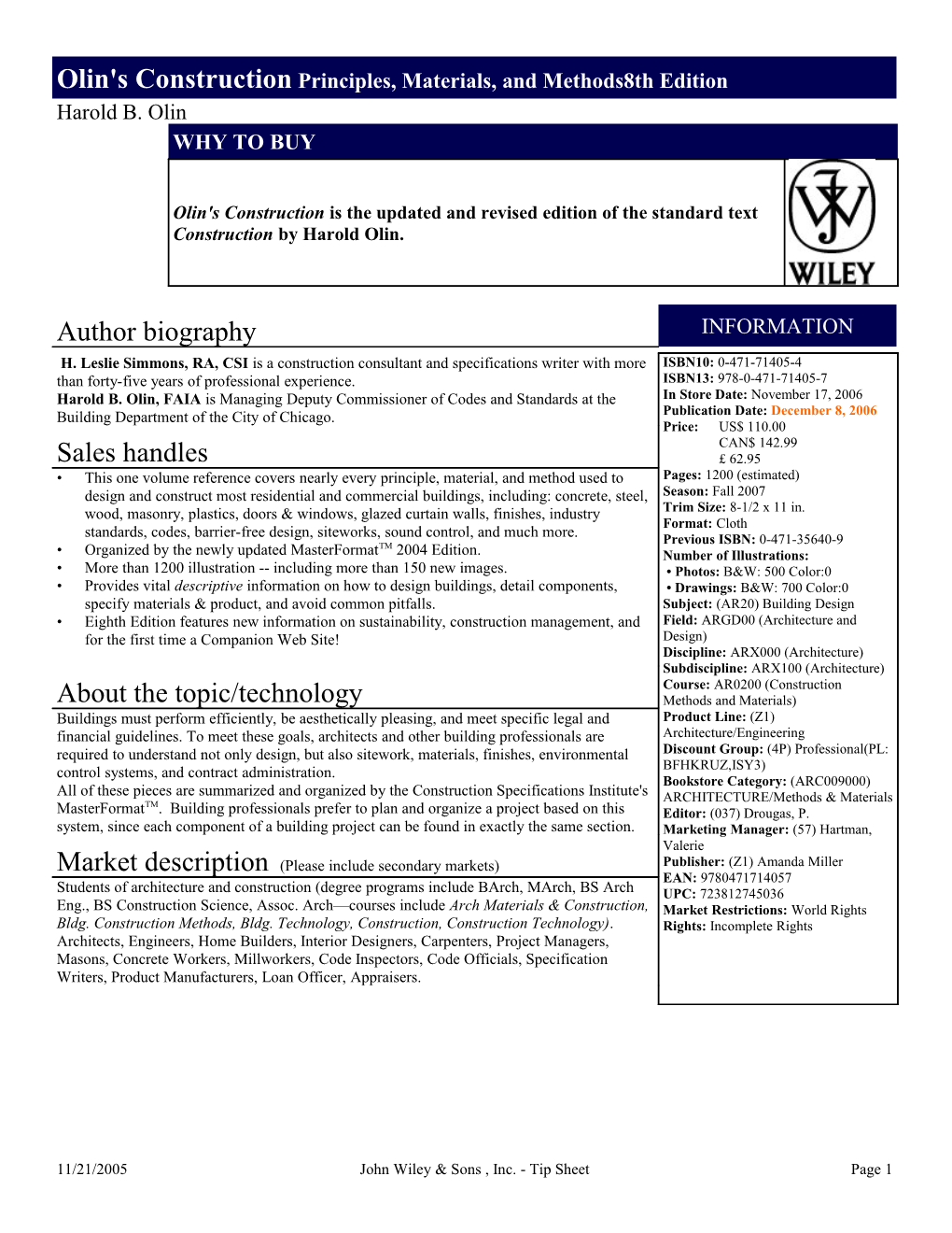 11/21/2005John Wiley & Sons , Inc. - Tip Sheet Page 1
