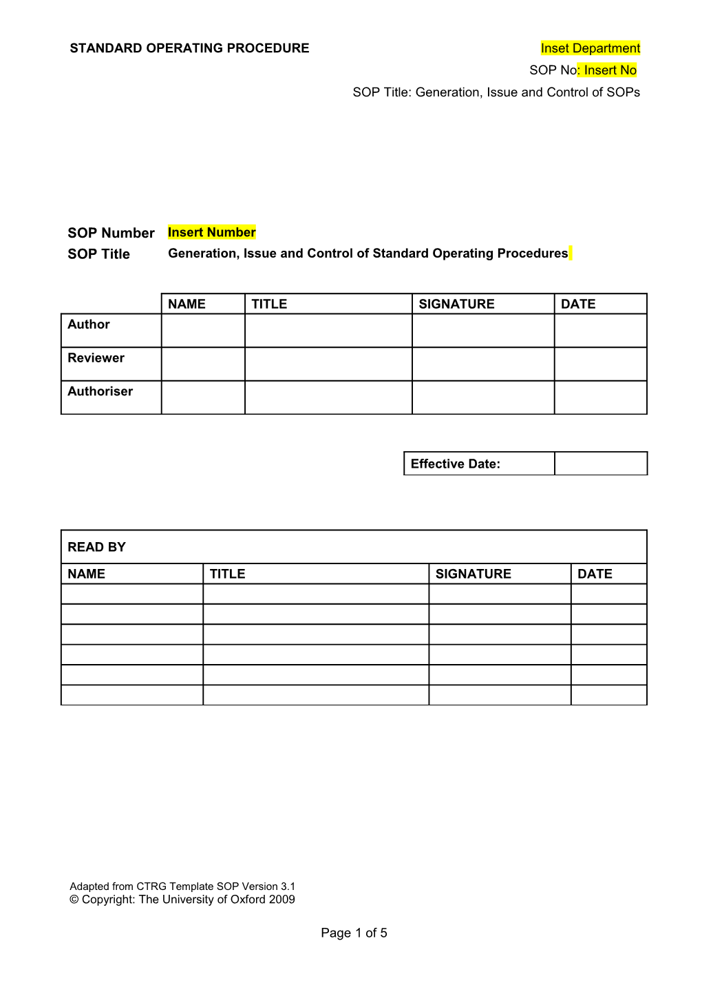 Adapted from CTRG Template SOP Version 3.1